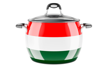 Hungarian national cuisine concept. Hungarian flag painted on the stainless steel stock pot. 3D rendering