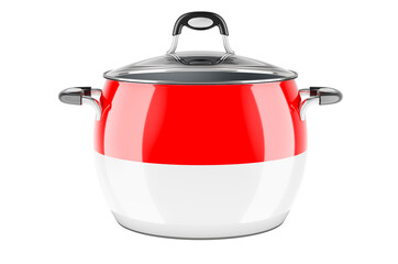 Indonesian, Monacan national cuisine concept. Indonesian, Monacan flag painted on the stainless steel stock pot. 3D rendering