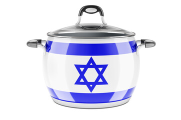 Israeli national cuisine concept. Israeli flag painted on the stainless steel stock pot. 3D rendering