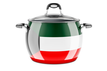 Kuwaiti national cuisine concept. Kuwaiti flag painted on the stainless steel stock pot. 3D rendering