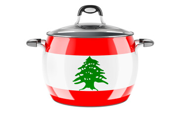 Lebanese national cuisine concept. Lebanese flag painted on the stainless steel stock pot. 3D rendering
