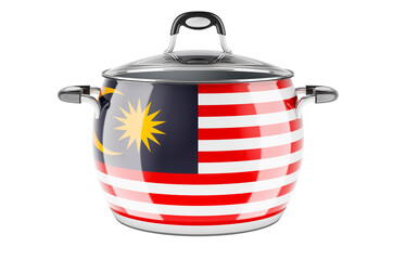 Malaysian national cuisine concept. Malaysian flag painted on the stainless steel stock pot. 3D rendering