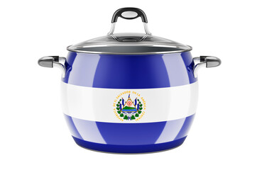 Salvadoran national cuisine concept. Salvadoran flag painted on the stainless steel stock pot. 3D rendering