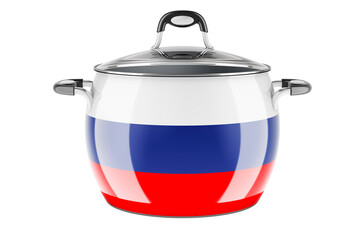 Russian national cuisine concept. Russian flag painted on the stainless steel stock pot. 3D rendering