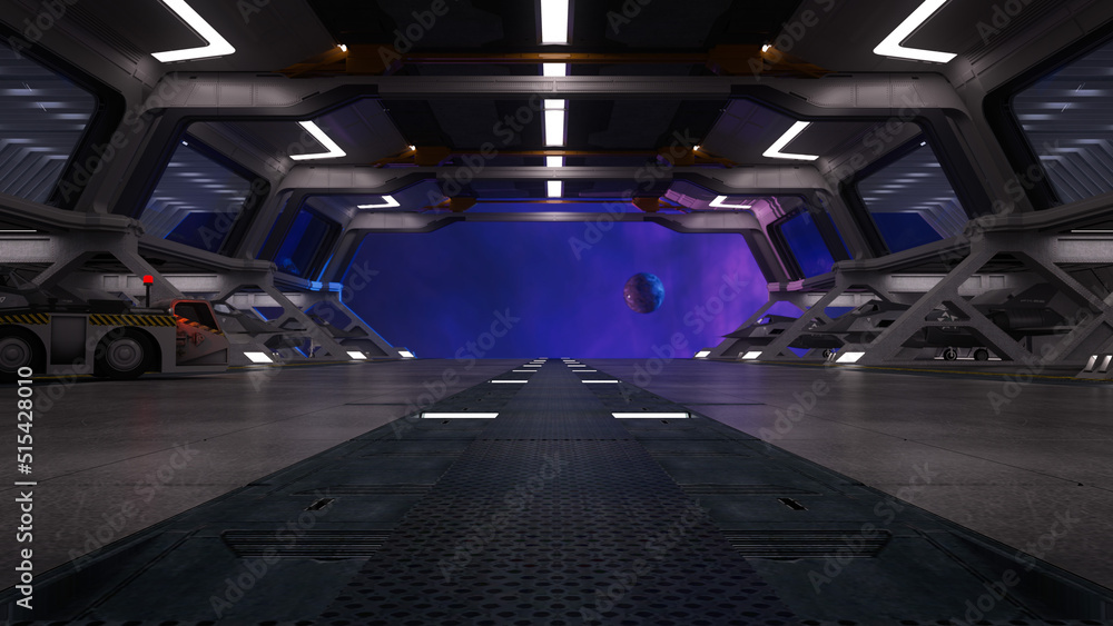 Poster science fiction space station docking bay with view of a planet through the doorway. 3d rendering.