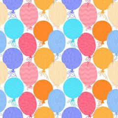 Vector seamless pattern with hand drawn ornamental balloons. Hand drawn festive surface pattern. Happy birthday background.