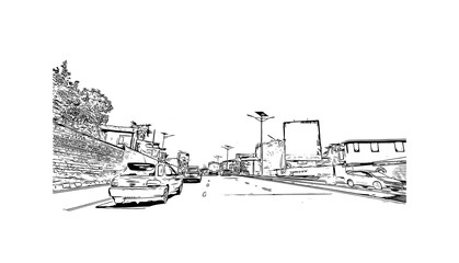 Building view with landmark of Nairobi is the 
capital of Kenya. Hand drawn sketch illustration in vector.