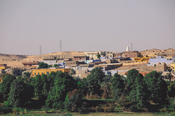 Fototapeta na wymiar Panoramic View to the Colorful Nubian Village on the Egyptian Island near Nile River, Egypt