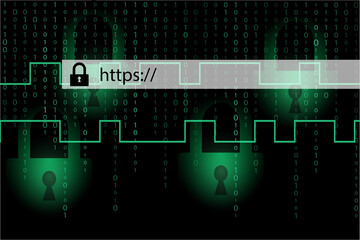 HTTPS secure internet connection in browser address bar for staying safe on the web with green binary code background.