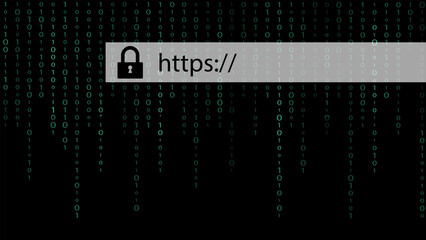 HTTPS secure internet connection in browser address bar for staying safe on the web with green binary code background.