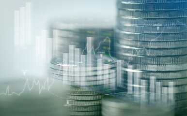 Double exposure of graph and rows of coins for finance, saving,  banking, business concept.