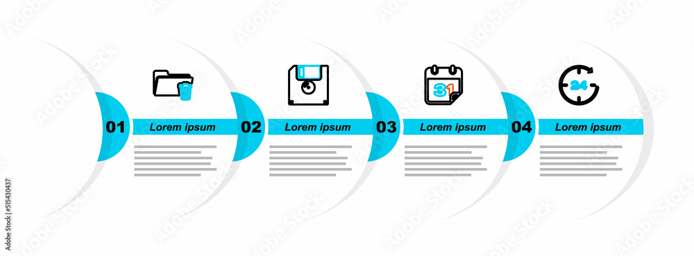 Poster set line clock 24 hours, calendar, floppy disk and delete folder icon. vector