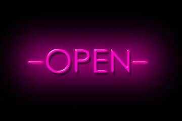 Open. Neon sign isolated on a black background. Trade. Business. Design element.