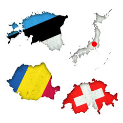 Set, Flags of Estonia, Japan, Romania, and Switzerland in the form of a map. Shadow. Isolated on white background. Signs and symbols. Design element.