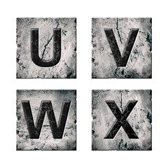 Set, letters U, V, W, and X. Alphabet on stone blocks. Isolated on white background. Education.