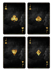 Set of playing grunge, vintage cards. Jack of Clubs, Diamond, Spades, and Hearts, isolated on white background. Playing cards. Design element.