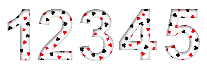 Set, digits, from various card suits. Shadow. Isolated on a white background. Decorative font. Gambling. Design