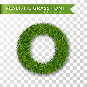Grass letter O, alphabet 3D design. Capital letter text. Green font isolated white transparent background, shadow. Symbol eco nature environment, save the planet. Realistic meadow Vector illustration