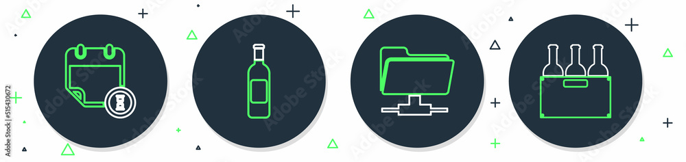 Aufkleber set line bottle of wine, ftp folder, calendar and clock and bottles box icon. vector