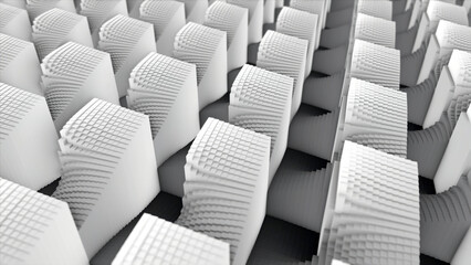 Black and white checkered flat surface becoming abstract 3d geometric shapes in rows. Animation. Many small convex cubes forming many large figures of same size, monochrome.