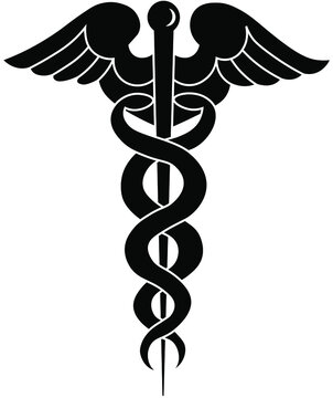 Caduceus symbol of medicine. Rod with wings and two serpents, herald's wand, Hermes staff. Black. Isolated on white background. Vector illustration.