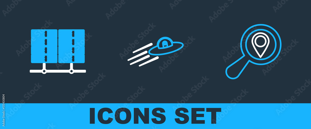 Poster set line search location, server, data, web hosting and ufo flying spaceship and alien icon. vector