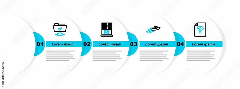 Sticker set line unknown document, ufo flying spaceship and alien, mail server and ftp operation successful 