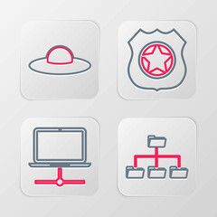 Set line Folder tree, Computer network, Police badge and UFO flying spaceship icon. Vector