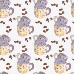 Watercolor, handmade, pattern, seamless, cups, books, wallpaper, background, variable