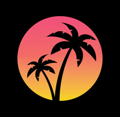 palm tree silhouette against the sunset, logo concept, minimalist retrowave style icon