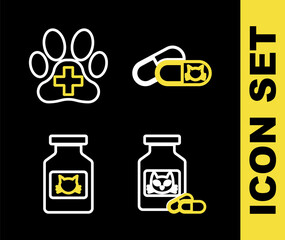 Set line Cat and pills, medicine bottle, and Veterinary clinic icon. Vector
