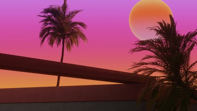 3d Synthwave style animated background with tropical palms at sunset. Seamless loop.