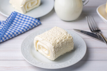Turkish creamy dairy product. Clotted cream (butter cream) for Turkish breakfast with glass of milk. (Turkish name; kaymak)