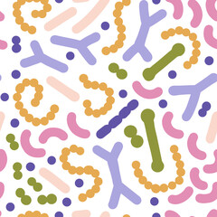Fototapeta na wymiar Microbiome seamless pattern. Probiotic bacteria background with lactobacillus, bifidobacteria, acidophilus. Flat simple vector illustration.