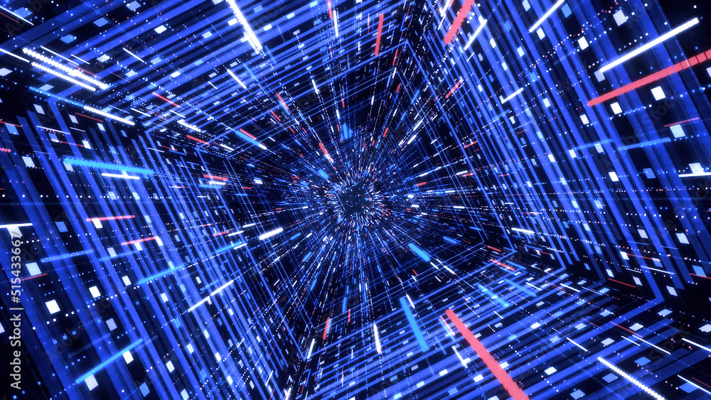 Poster Abstrat hyper jump through blue stars into the Universe, seamless loop. Animation. Speed of light moving fast, view inside of time machine tunnel.