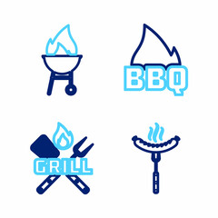Set line Sausage on the fork, Crossed and spatula, Barbecue fire flame and grill icon. Vector