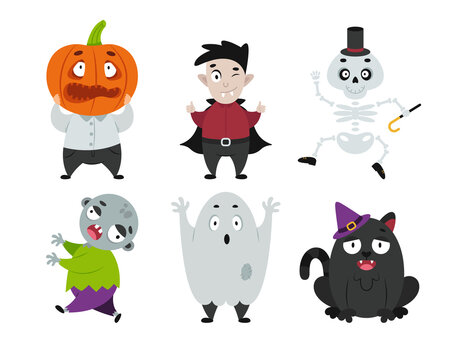 Cartoon set of Halloween characters. Vector zombie, vampire, pumpkin head, cute cat, ghost and skeleton. Great for party decoration or sticker.