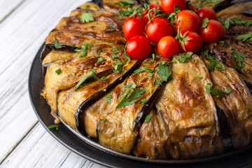 Traditional delicious Turkish food, meat eggplant dish (Turkish name; patlican kapama)