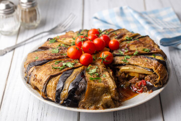 Traditional delicious Turkish food, meat eggplant dish (Turkish name; patlican kapama)