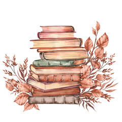 Old books and autumn leaves arrangement. Watercolor illustration isolated on white background. - 515435016