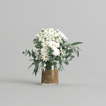 3d illustration of beautiful flowers in romantic vase isolated on white background