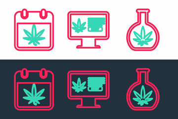 Set line Test tube with marijuana, Calendar and and Online buying icon. Vector