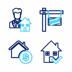 Set line House with check mark, dollar, Hanging sign Sold and Realtor icon. Vector