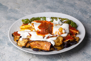 Turkish style mixed vegetable fried with yoghurt (Yogurtlu Karisik Kizartma)