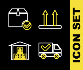 Set line This side up, Delivery truck with check mark, Warehouse and Package box icon. Vector