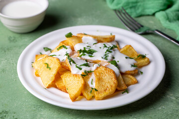Traditional delicious Turkish foods, fried potatoes with yoghurt (Turkish name; Yogurt soslu patates kizartmasi)