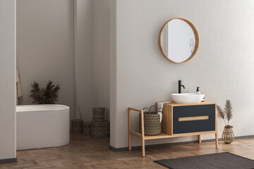Interior of modern bathroom with white walls, wooden floor, bathtub, dry plants, white sink standing on wooden countertop and a oval mirror hanging above it. 3d rendering
