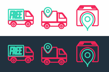 Set line Location with cardboard box, Free delivery service and Delivery tracking icon. Vector