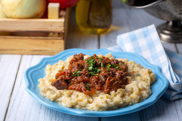 Turkish Food Hunkar Begendi made with Eggplant and Meat.