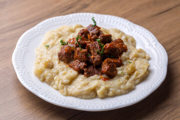 Turkish Food Hunkar Begendi made with Eggplant and Meat.